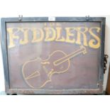 A 20th century double sided hand painted "Fiddlers" pub advertising sign, 46cm high x 61cm wide