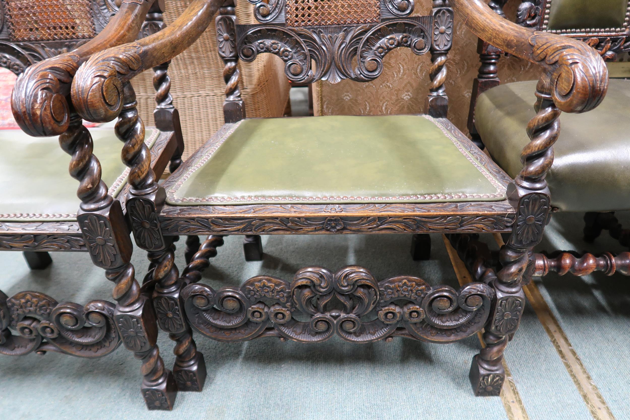 A set of eight Victorian barley twist dining chairs with green leather upholstery to include two - Image 6 of 7