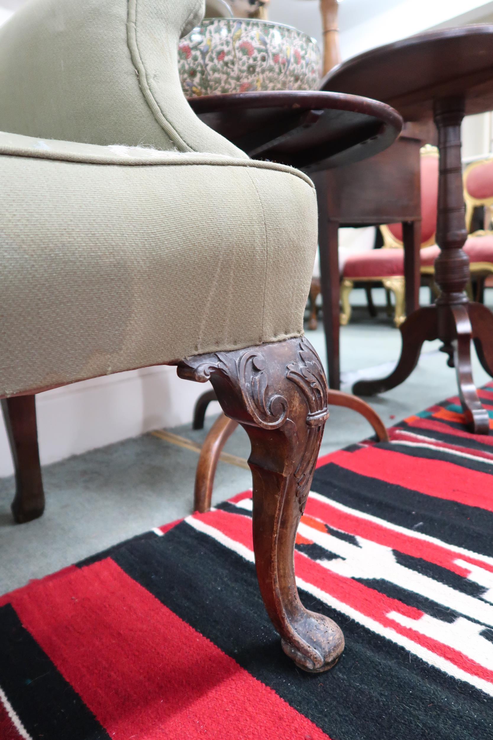 An early 20th century mahogany green floral tapestry upholstered settee on mahogany cabriole - Image 3 of 4