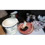 Foley Faience ewer and pail, glass bonbon dish, Glasgow jug and other items Condition Report:No