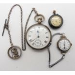 A silver cased Waltham open face pocket watch, with a silver fob chain with attached St.