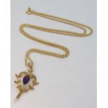 A 15ct gold Edwardian amethyst and pearl pendant, weight 3.1gms on an 18ct gold flat rope chain,