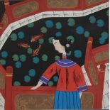 TAIWANESE SCHOOL Woman and cat and woman with fish, signed, gouache, 54 x 50cm and another (3)