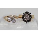 A 9ct gold sapphire and diamond accent ring, size O, together with a 9ct gold cz twin stone ring,