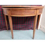 An Edwardian mahogany and satinwood inlaid demi lune fold over tea table on square tapering
