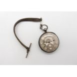 A silver open face pocket watch with leather fob strap, hallmarked London 1864, the mechanism signed