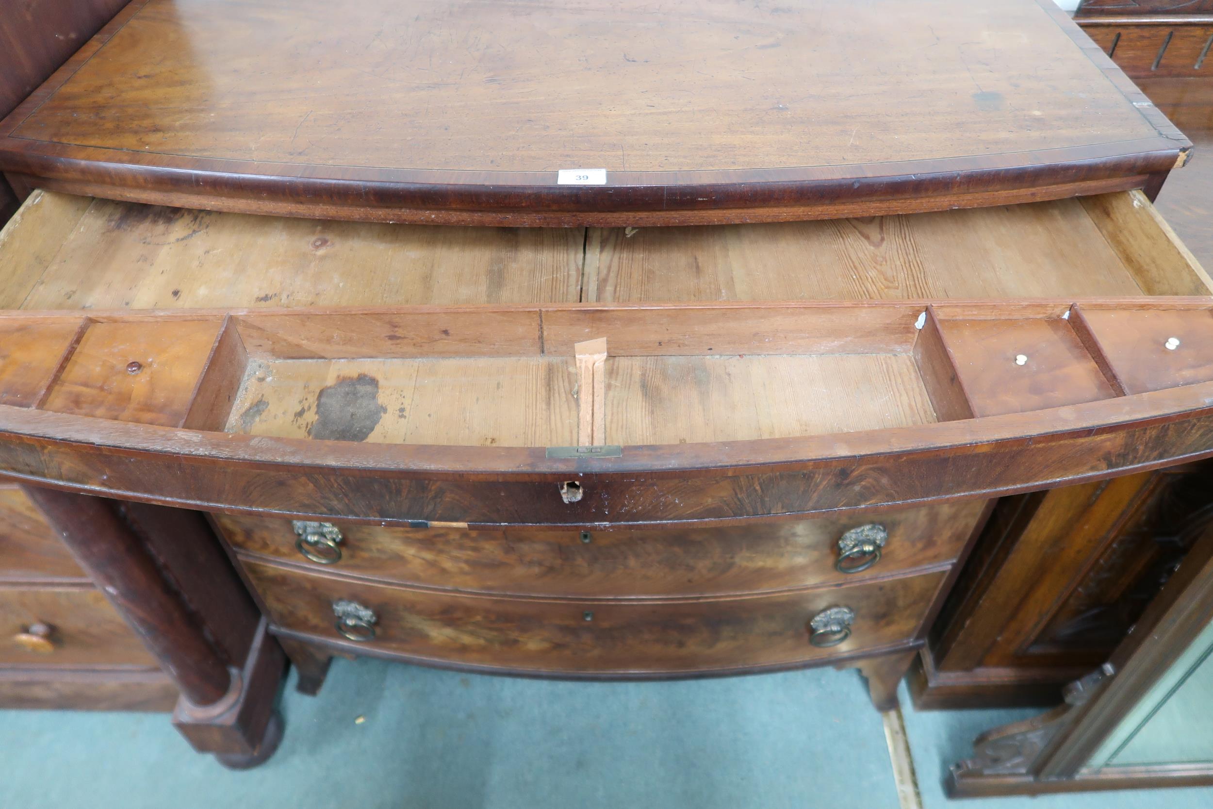 A Victorian mahogany bow front chest of five drawers with single frieze drawer over four regular, - Image 3 of 4