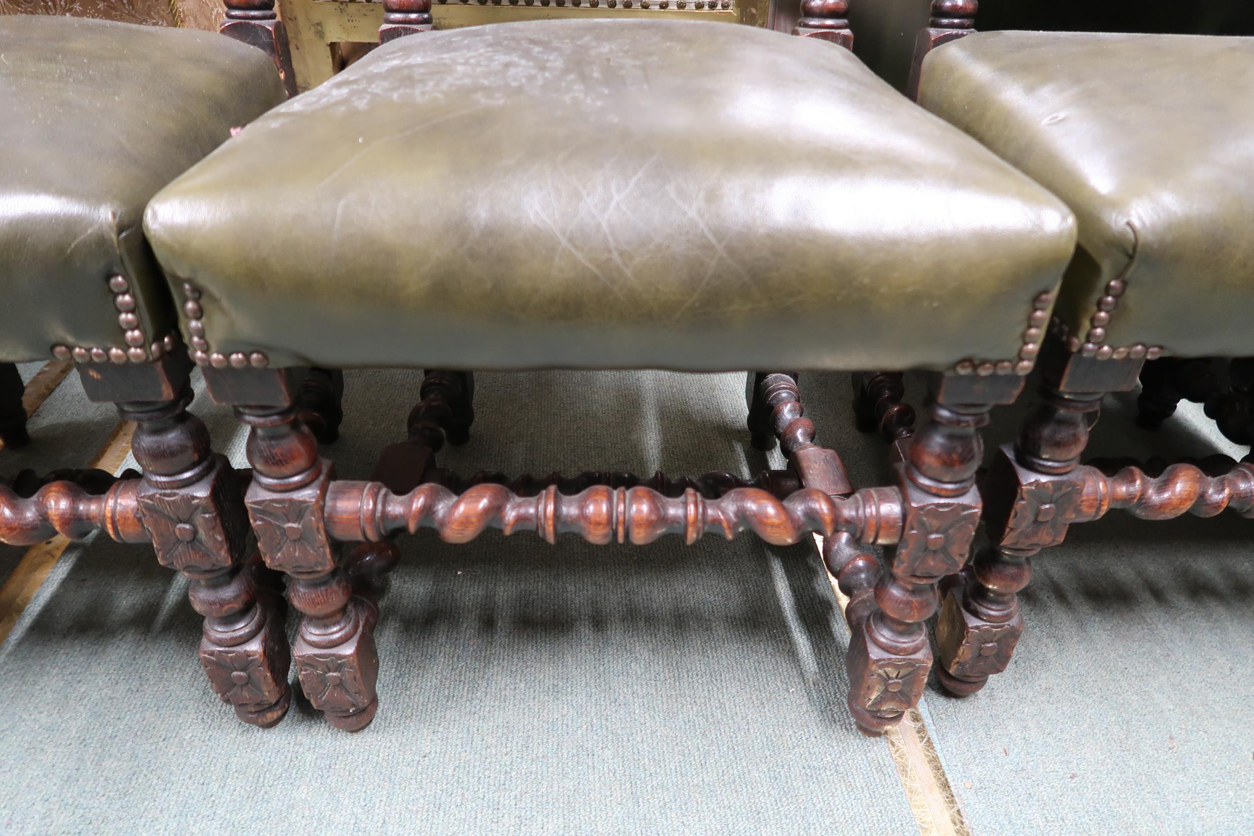 A set of eight Victorian barley twist dining chairs with green leather upholstery to include two - Image 7 of 7