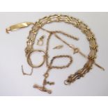A collection of 9ct gold and yellow metal to include a gate bracelet, weight all together 7.9gms