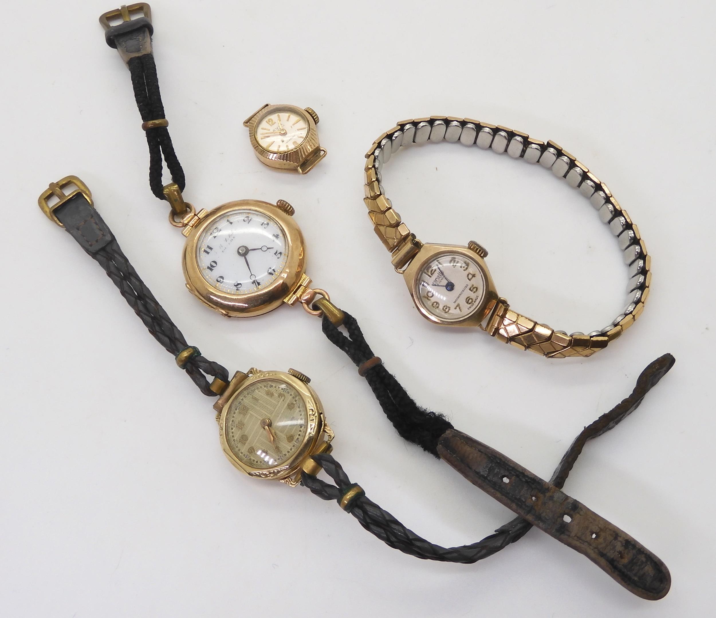 A 14k gold cased ladies watch with leather strap, weight together including mechanism 14gms, and - Image 2 of 5