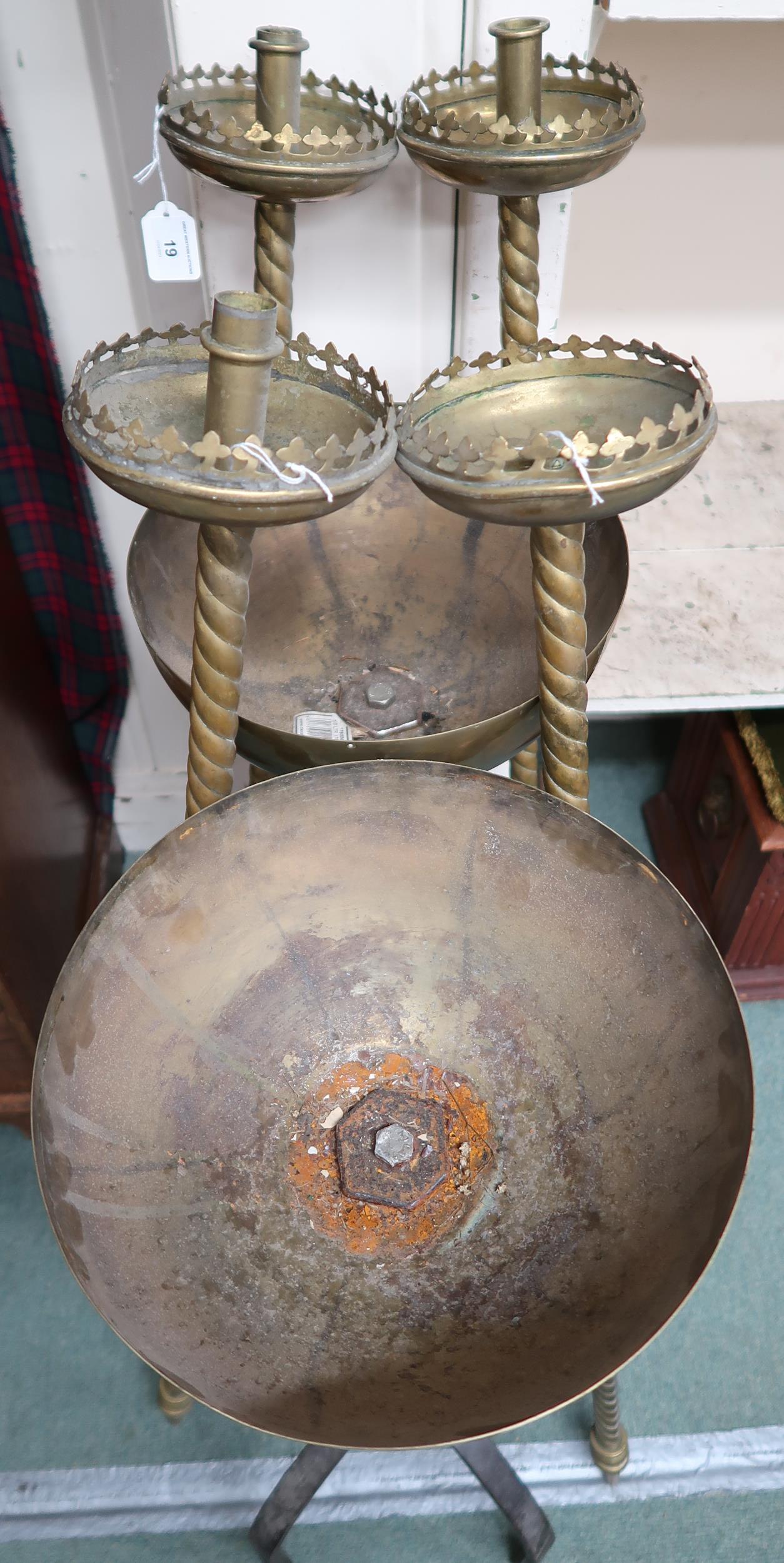 A set of four 20th century brass ecclesiastical procession candle holders and a pair of brass and - Image 2 of 2