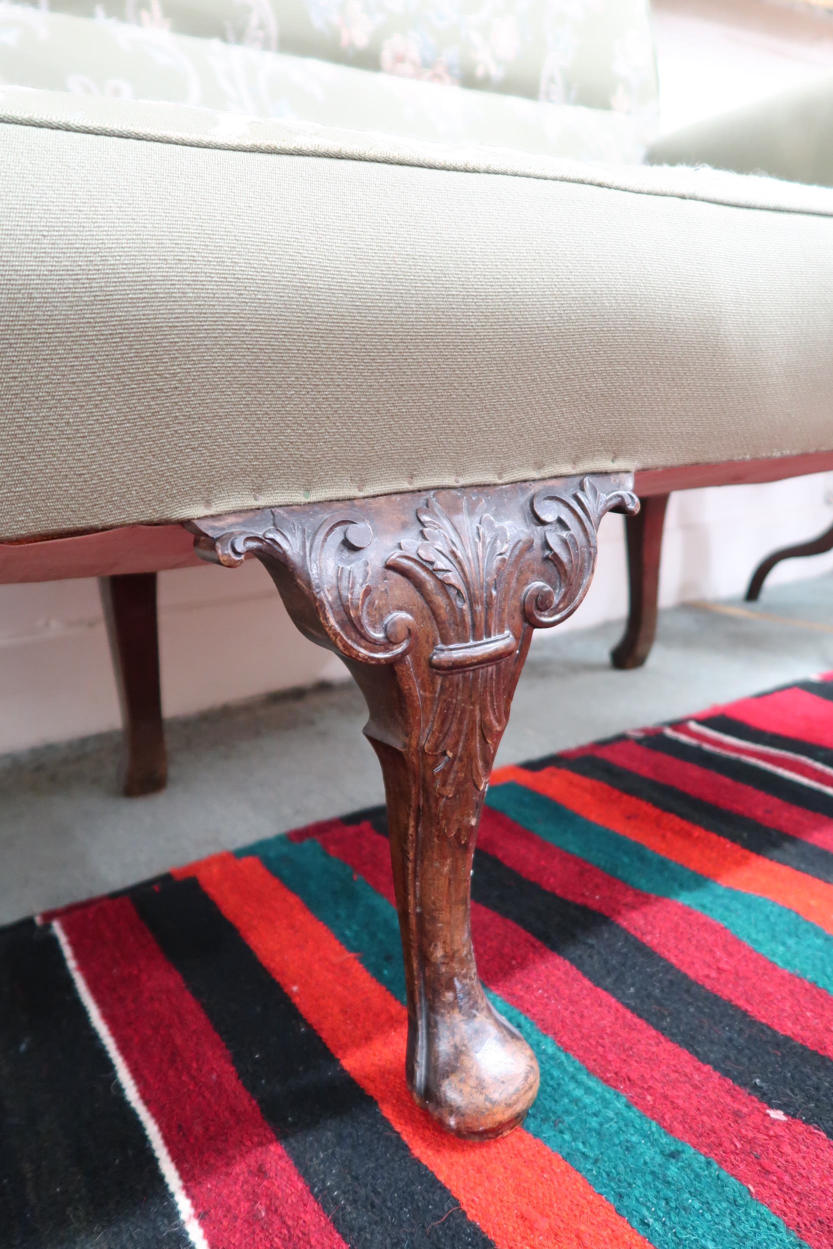 An early 20th century mahogany green floral tapestry upholstered settee on mahogany cabriole - Image 2 of 4