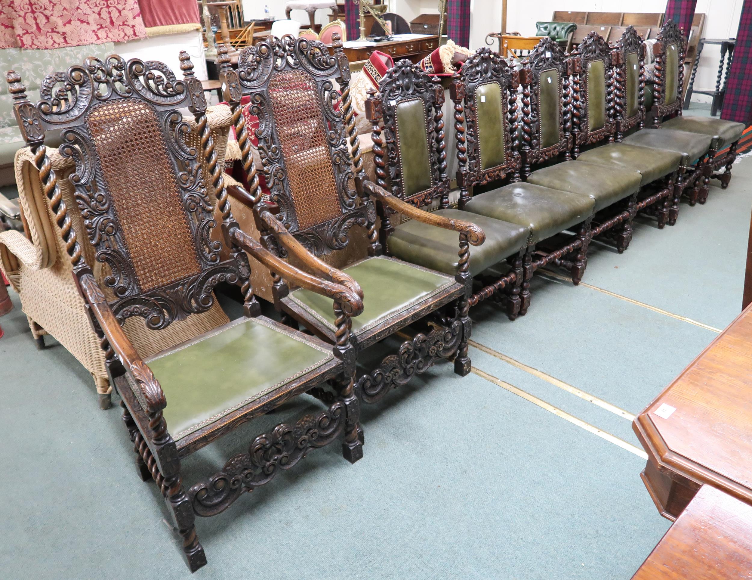 A set of eight Victorian barley twist dining chairs with green leather upholstery to include two