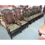 A set of eight Victorian barley twist dining chairs with green leather upholstery to include two