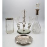A collection of silver and EPNS including a German silver collared cut glass decanter, a Dutch