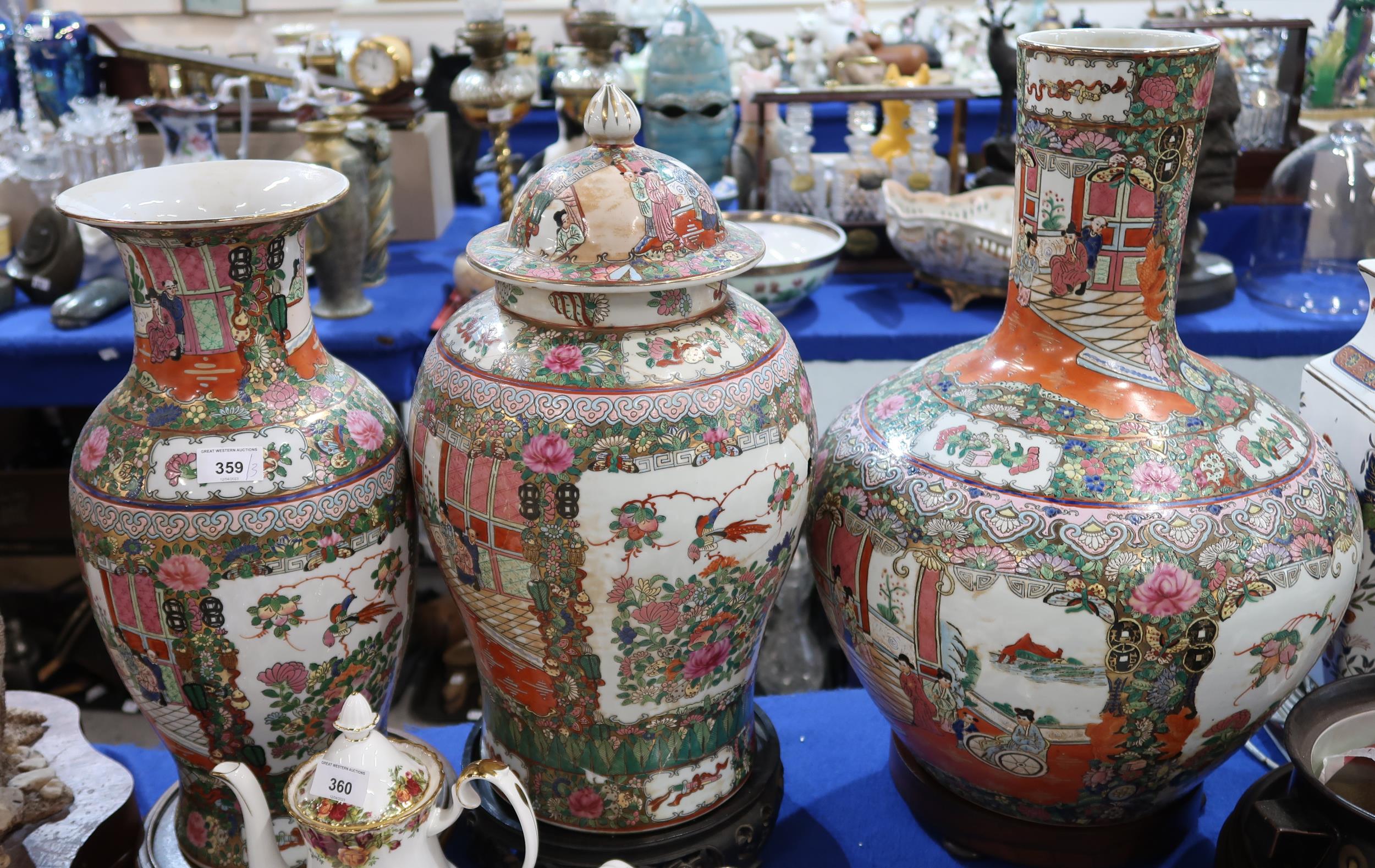 A large Chinese urn and cover, a baluster vase and another vase Condition Report:Available upon