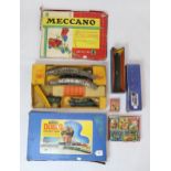 A boxed Hornby Dublo electric train set, boxed Meccano Outfit No. 4, retro gaming cards etc.