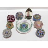 Assorted glass millefiori paperweights including Strathearn and a millefiori glass dish (9)