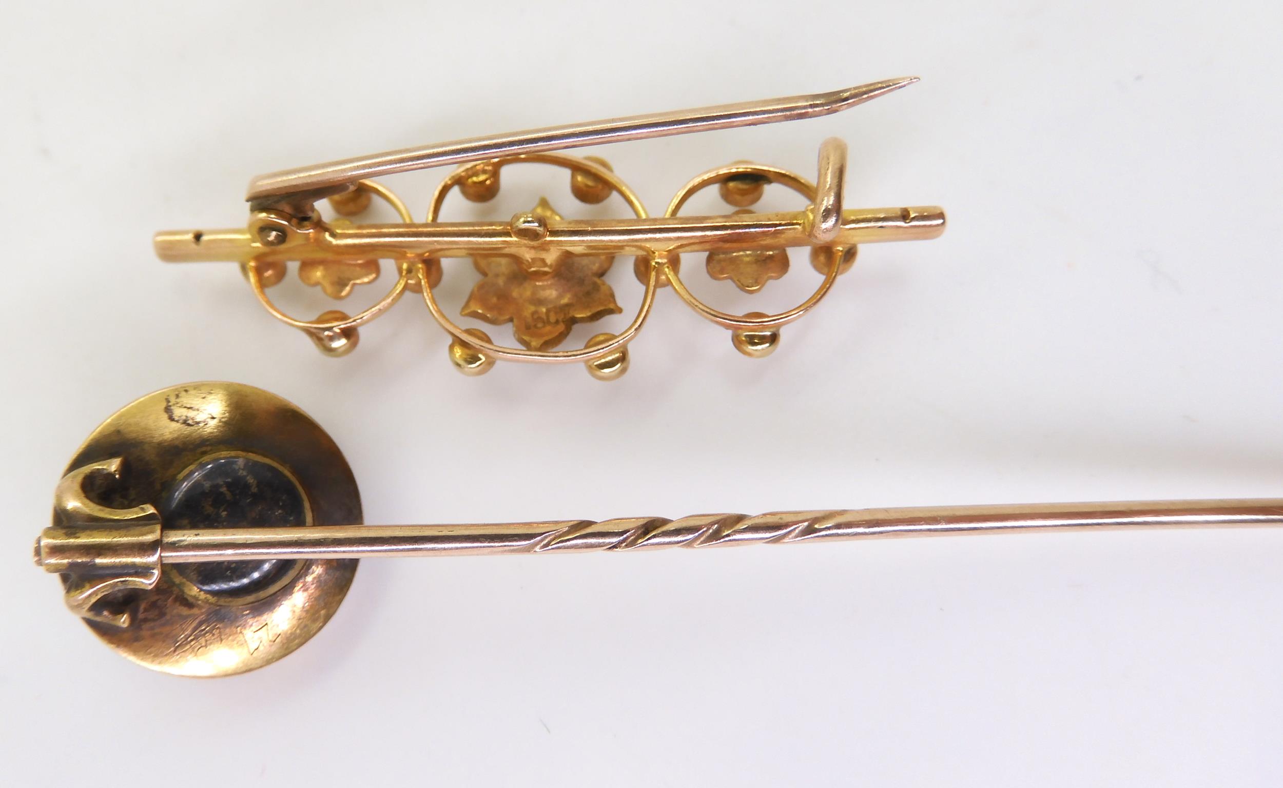 A 15ct gold pearl set brooch length 3.9cm, weight 2.6gms, together with an enamel and pearl mourning - Image 3 of 4