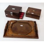A rosewood and mother-of-pearl inlaid jewellery box with concealed drawer (def.), brass-bound