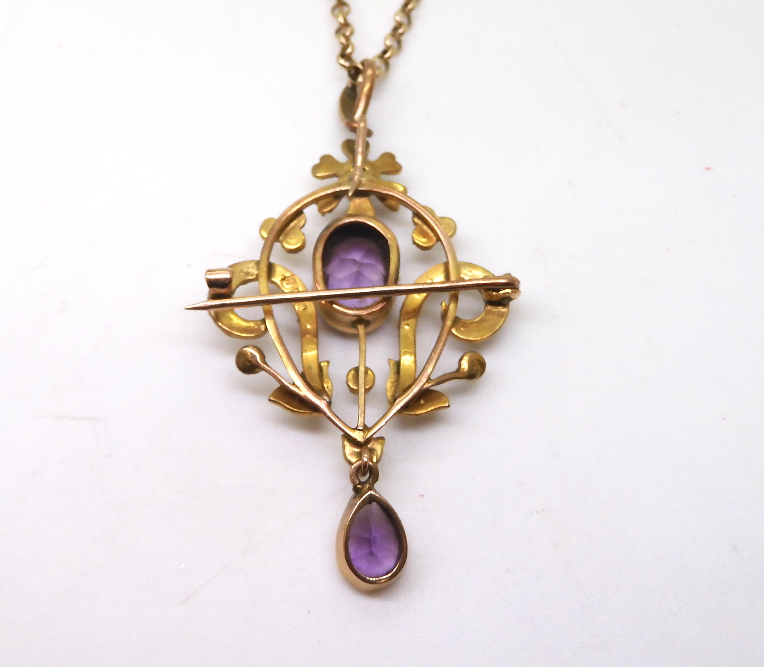 A 9ct gold Edwardian amethyst and pearl pendant brooch on a long 66cm 9ct gold belcher chain, weight - Image 4 of 6
