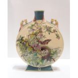 A Minton pottery moon flask, transfer printed and overpainted with a birds nest in a tree with