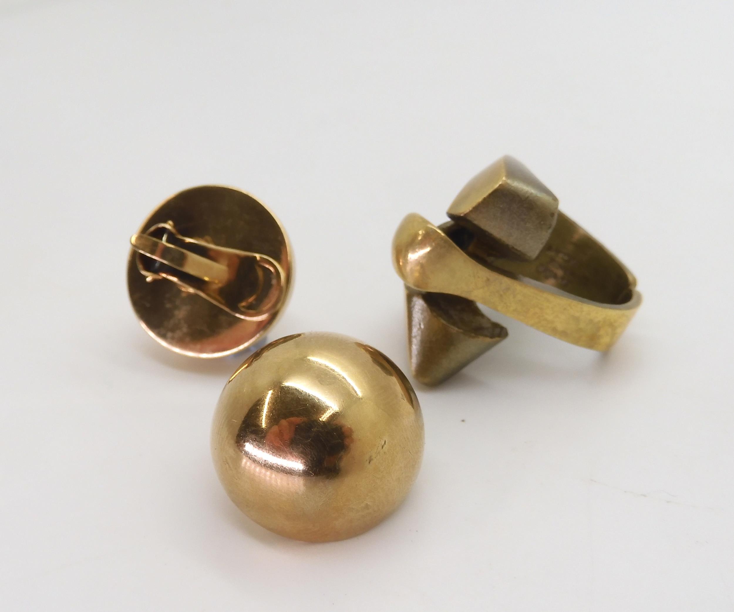 A pair of 9ct gold clip on earrings by Chiampesan, together with a Lapponia bronze ring (free