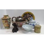 A lot comprising two Chinese teapots, a crazed glaze bowl, satsuma vase and other items Condition