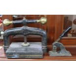 A Victorian cast iron book press and cast iron desk seal (2) Condition Report:Available upon