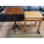A 20th century child's school desk, inlaid square topped occasional table and a brass fire fender (