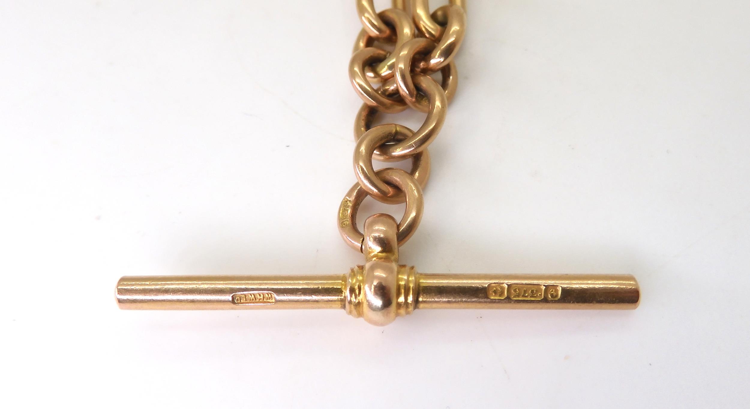A 9ct gold long and short link double fob chain, hallmarked to every link, the 'T' bar and both - Image 2 of 3