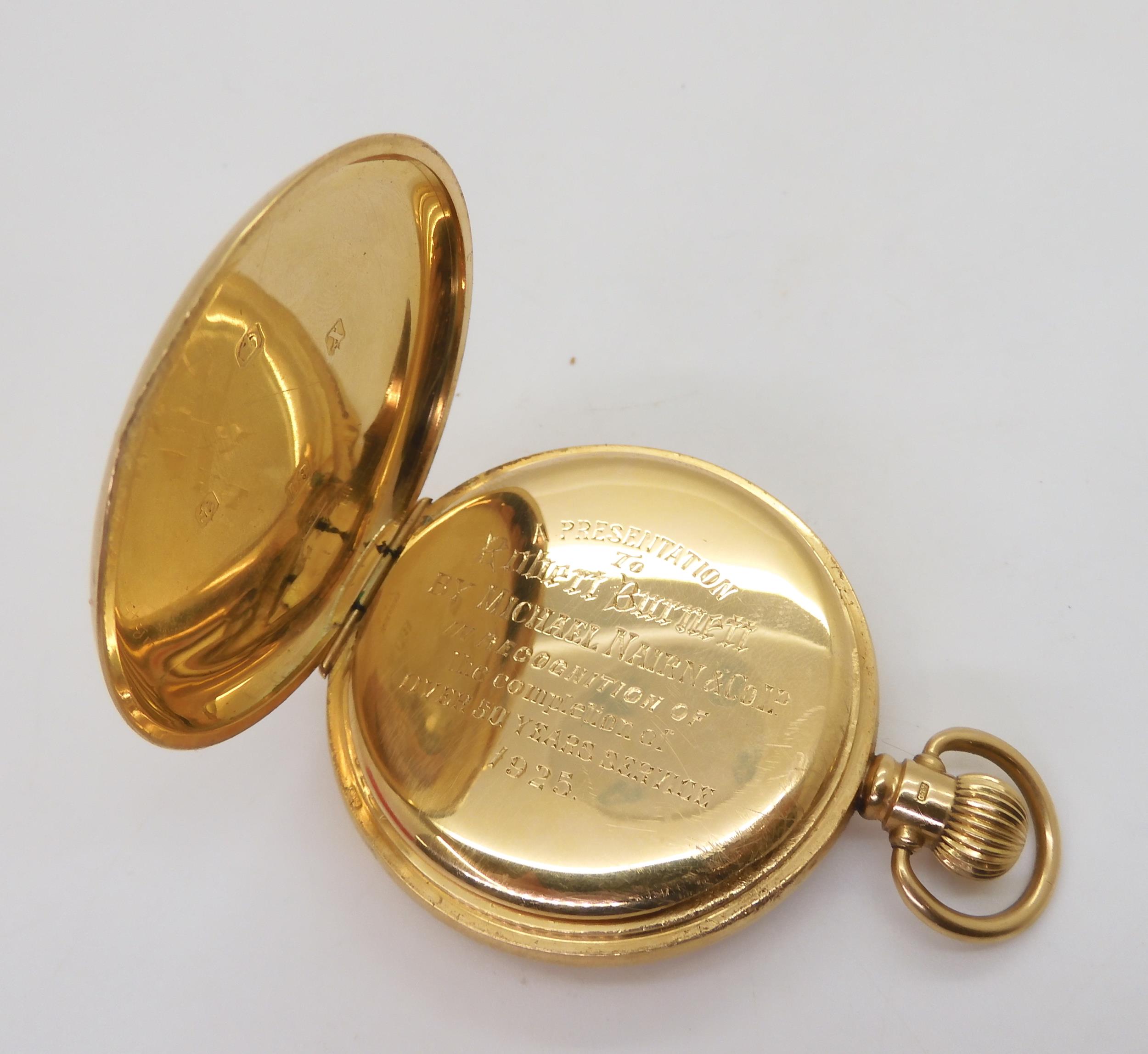 An 18ct gold full hunter pocket watch, diameter 5cm, the inner dust cover inscribed with the date - Image 3 of 5