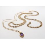 Three 9ct gold chains, fancy link 40.5cm, belcher 60cm, rope chain with amethyst pendant 46cm,