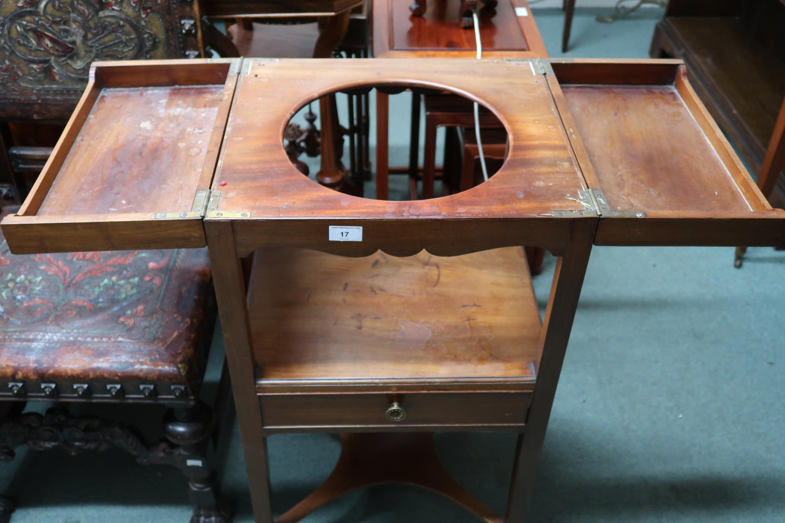 A 19th century mahogany wash stand with twin hinged top over single drawer on square tapering - Image 2 of 2