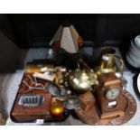 A brass kettle and jug, a copper plate,  miniature longcase clock, wooden boxes etc Condition