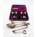 A collection of silver including a set of six silver Onslow pattern tea spoons and sugar tongs, by