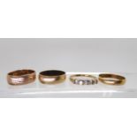 A bright yellow metal wedding ring size O, 1.8gms, two 9ct gold wedding rings rose gold size L1/2,