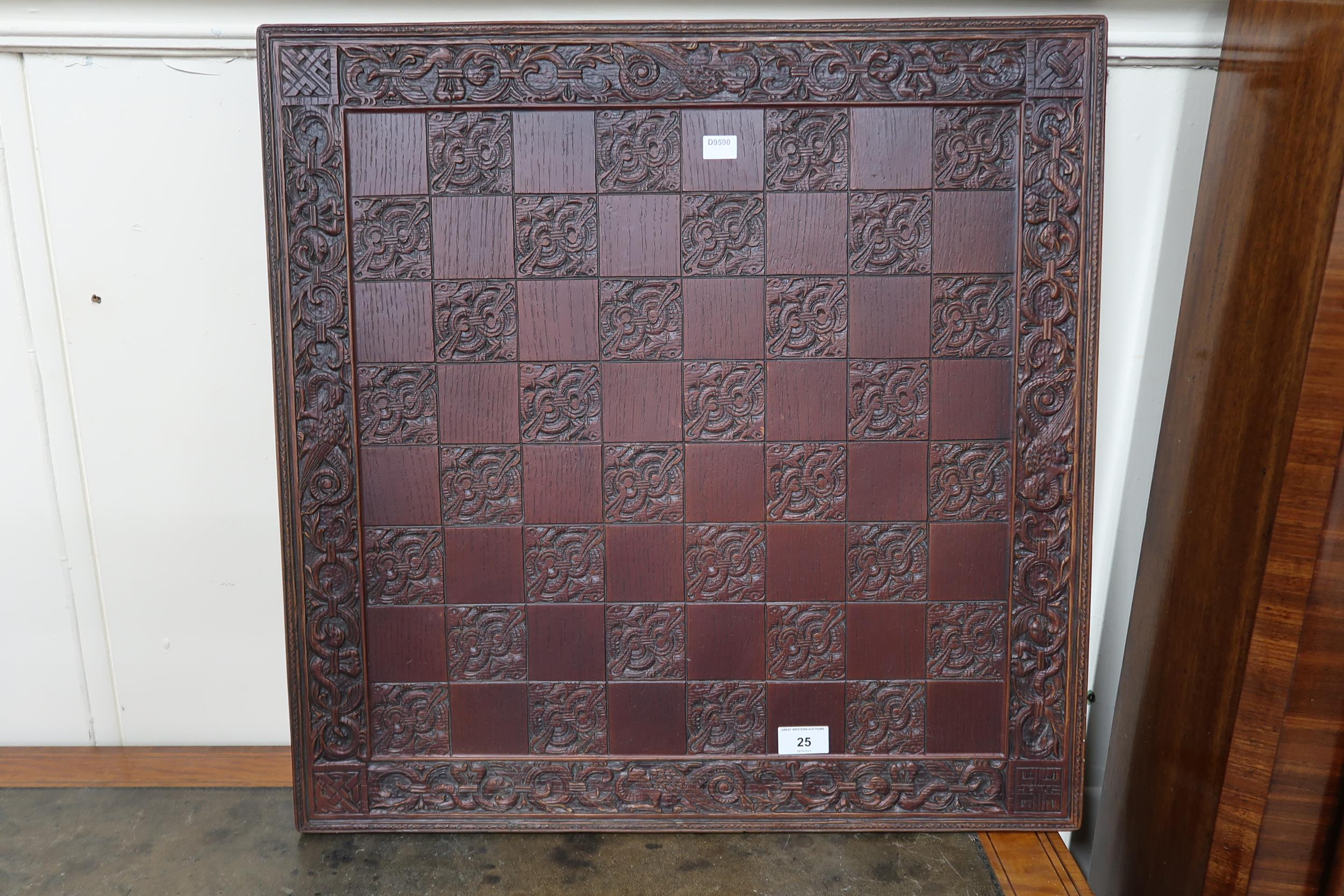 An early 20th century Burmese style folding stool extensively carved with peacocks, a carved game - Image 3 of 6