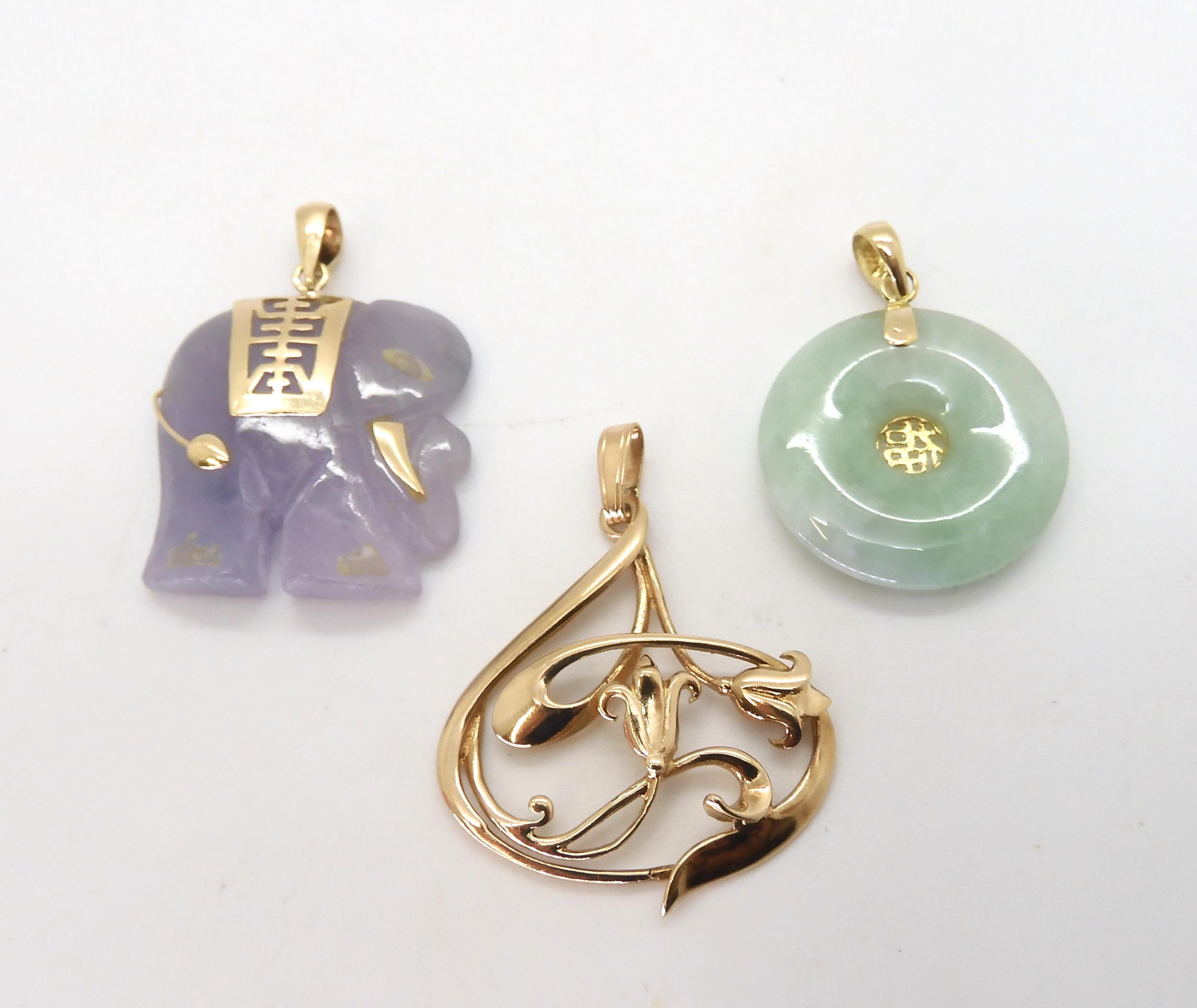 A 9ct gold Ortak Art Nouveau style pendant, weight 2.8gms together with a lavender jade Elephant