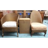 A 20th century Lloyd loom style armchair, bedroom chair and bedroom hamper (3) Condition Report: