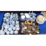 A large quantity of Wedgwood blue jasperware including trinket boxes, plates, dishes, vases etc