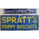 A enamel Spratt's puppy biscuits advertising sign and a Colman's cold water starch advertising