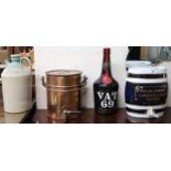 A Ceramic "Amontillado" sherry cask, large Vat 69 whisky bottle, copper urn with spigot and