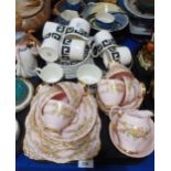 A Tuscan pink and floral decorated tea set, together with a Susie Cooper Keystone coffee set