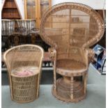 A 20th century wicker peacock conservatory chair, 146cm high and another wicker chair, 74cm high (2)