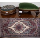 A Victorian walnut veneered beadwork stool, mahogany framed footstool and machine made rug, 185cm