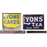 A 20th century enamel Lyons cakes advertising sign, enamel Lyons tea advertising sign and another