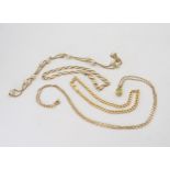 A 9ct gold peridot pendant length 50cm, a 9ct faux pearl set chain, length 38cm, two 9ct bracelets