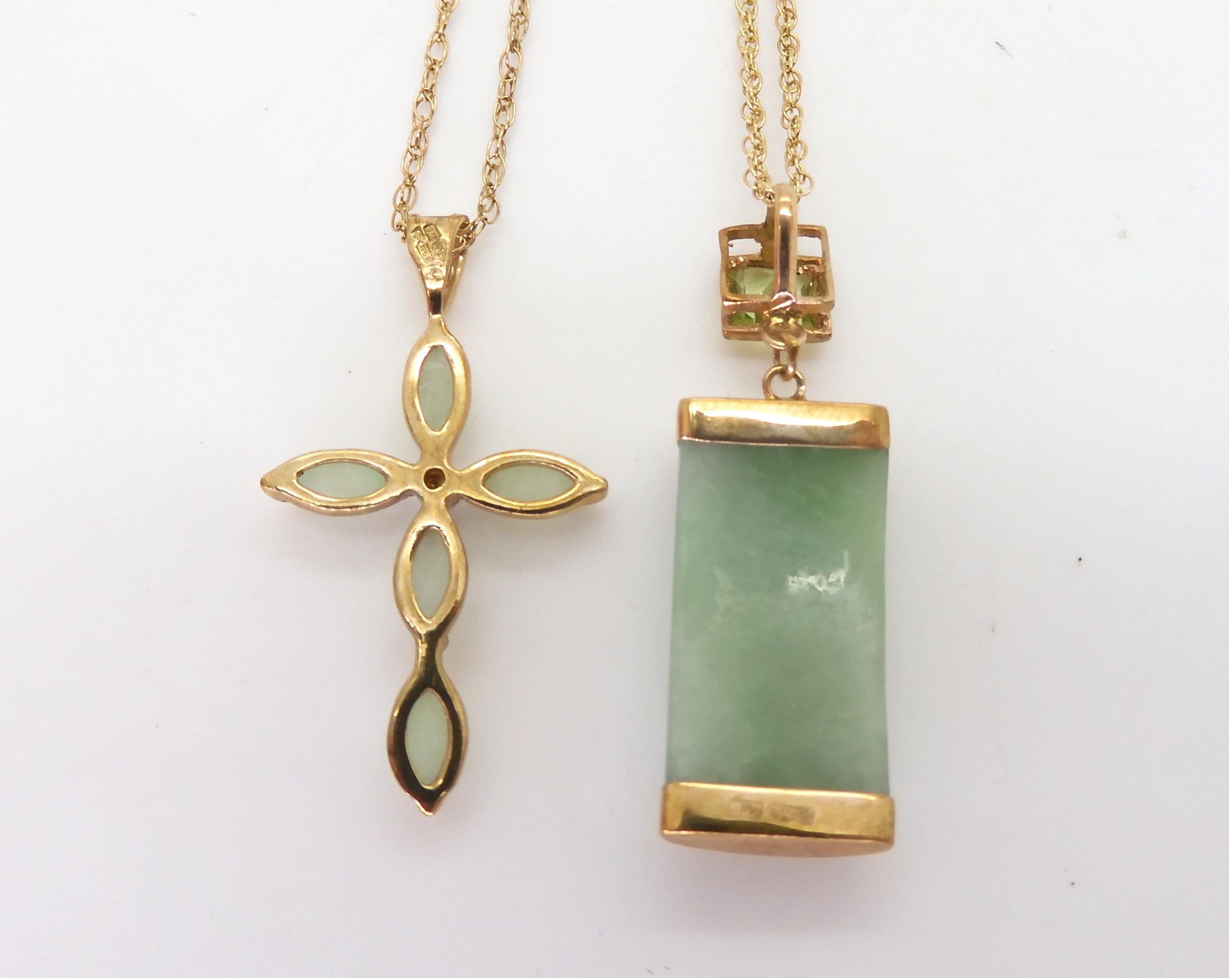 A 9ct gold green hardstone cross set with a diamond accent, on a 50cm rope chain, a further 9ct - Image 2 of 4