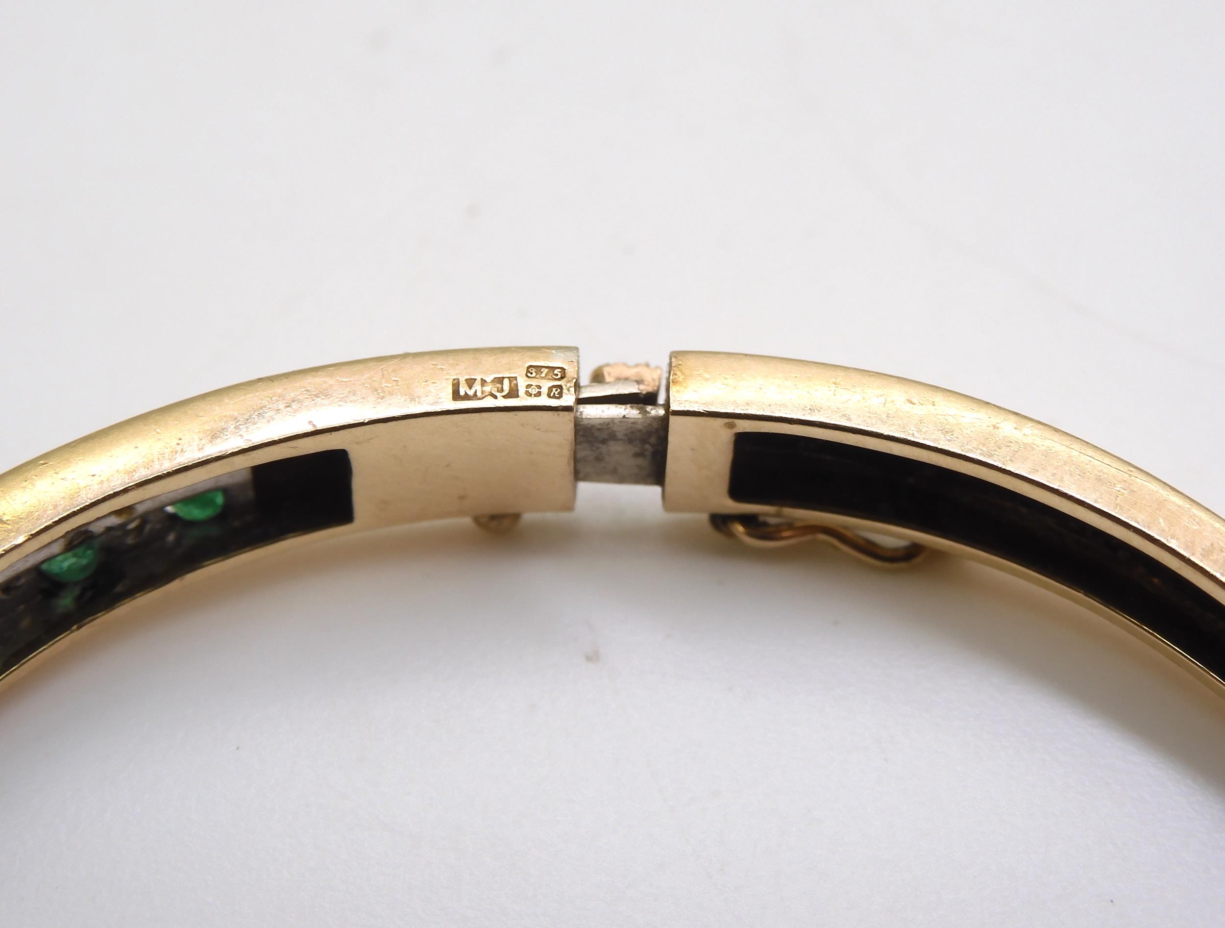 A 9ct gold emerald and diamond bangle, together with a similar cz and emerald ring size N, weight - Image 3 of 4